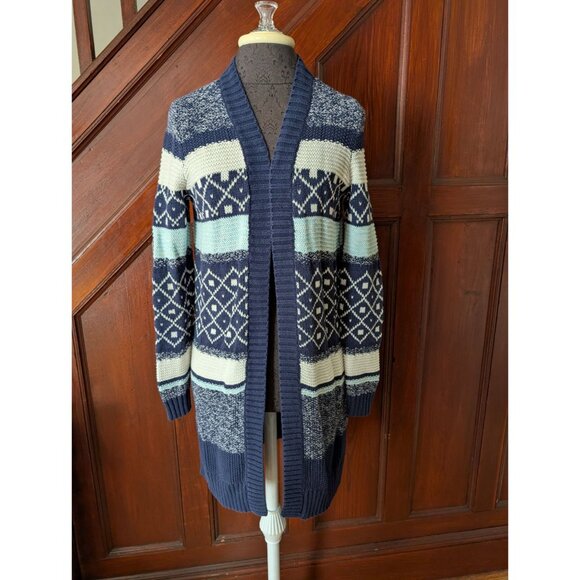 St Johns Bay Navy & Light Blue Nordic Open Front Duster Cardigan Sweater S - Picture 2 of 9